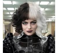 PORSMEER Peluca de Cruella De Vil,peluca rizada ondulada de Bob corto en blanco y negro,pelucas de disfraz de señora para mujer, Cosplay de señora malvada, fiesta de Halloween