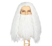 PORSMEER Peluca larga blanca rizada con barba, peluca de mago de Halloween para hombre, abuelo, Navidad, divertido, cosplay, Papá Noel, disfraz de hechicero, profeta
