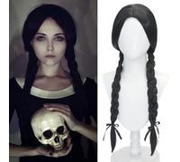 PORSMEER Peluca larga trenzada estilo Miércoles Addams, fantasmas, para disfraz de mujer gótico, peluca para niñas