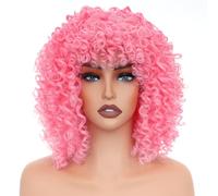 PORSMEER Pelucas Rizadas Kinky de 14 Pulgadas para Mujeres Negras Peluca Rizada Afro Bomb con Flequillo Fibra Sintética Sin Pegamento Pelo Largo Deep Wave (Rosa)