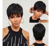 PORSMEER Pixie Cut Peluca de Cabello Humano Con Flequillo Natural Corto Negro en Capas Ondulado Estilo Diferente Para Mujeres (Negro)