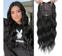 PORSMEER Tope para el pelo con encaje para mujer, 50 cm, rizos ondulados, postizos para el cabello que se adelgaza, peluca con clip en la parte central, añade volumen al cabello (negro)