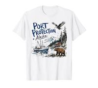 Port Protection Alaska Nature Scene Bear Eagle Fishing Boat Camiseta gráfica económica, Hombre, Blanco, S