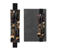 Porta bolígrafos de cuero negro, marcapáginas, cuadros negros y dorados, 2 imágenes, banda elástica ajustable de 8,3 a 1,8 pulgadas para cuadernos, diarios, manuales y planificadores.