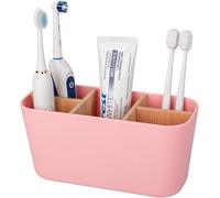 Porta Cepillo de Dientes Tabique de Bambú, Soporte Cepillo Electrico Fondo Antideslizante, Organizador Cepillos de Dientes para 4 Cepillos de Dientes y 2 Compartimentos (Rosa)