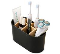 Porta Cepillo de Dientes Tabique de Bambú, Soporte Cepillo Electrico Fondo Antideslizante, Organizador Cepillos de Dientes para 4 Cepillos de Dientes y 2 Compartimentos para Pasta de Dientes (Negro)