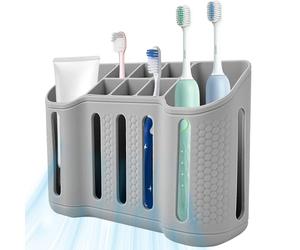 Porta Cepillos de Dientes Baño Silicona con 8 Ranuras de Almacenamiento, Ventosa en la Parte Posterior, Orificios de Drenaje, para Cepillos de Dientes, Pasta de Dientes, Peines