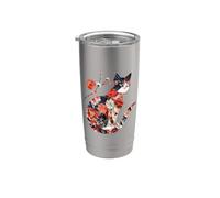 Porta gatos Patrón floral japonés Gato origami kawaii Vaso térmico de acero inoxidable de doble pared