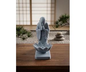 Porta-Incenso Zen com Monge em Oração e Flor de Lótus - Decoração 3D em PLA Efeito Mármore - Produzido em Portugal, União Europeia