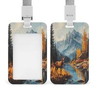 Porta tarjetas de identificación con clip retráctil, con diseño de ciervos, pinos, bosques, ríos, etc