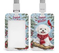 Porta tarjetas de identificación de invierno con diseño de perro blanco, bufanda roja y pájaro, retráctil, protector de tarjetas, placa de nombre, para trabajo, oficina, médico, enfermera