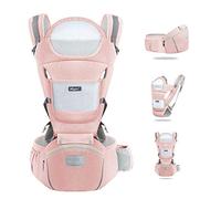 Portabebes Ergonómico con Asiento, de puro algodón transpirable y ligero, Porta Bebes Recien Nacidos de 0 a 36 meses (inferior a 25 kg), con reposacabezas y capucha, rosa