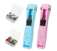 Portable Binder Clip Stapler, Includes 100 Reusable Clips, Reusable Push Paper Dispenser, Mini Push Stapler Clamp Staplers for Desktop Document Home School Desk Office (2Pcs-B)