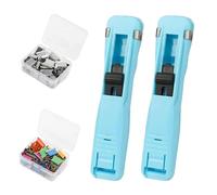 Portable Binder Clip Stapler, Includes 100 Reusable Clips, Reusable Push Paper Dispenser, Mini Push Stapler Clamp Staplers for Desktop Document Home School Desk Office (Blue*2)