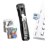 Portable Binder Clip Stapler - Includes 108 Reusable Clips, Push Clip Stapler, Easy One-Hand Operation for Office, School, and Home Document Binding, No Staples or Holes Required (Transparent Black)