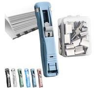 Portable Binder Clip Stapler - Push Clip Stapler for Paper Desktop Office Handheld Binding Tool with Reusable Push Clips (Blue)