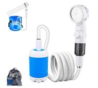 Portable Camping Camp Shower Pump with Adjustable Flow& Rechargeable Pump - Built-in Cleaning Brush for Hiking RV Travel Pet & Car Wash Use (Blue)
