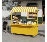 Portable Food Cart with Striped Canopy, Mobile Vendor Display Stand with Wheels, Metal Street Vending Cart with Folding Extension Tabletop, Widely Used(Yellow,120cm/47.2in)