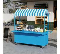 Portable Food Cart with Striped Canopy, Mobile Vendor Display Stand with Wheels, Metal Street Vending Cart with Folding Extension Tabletop, Widely Used(Blue,120cm/47.2in)