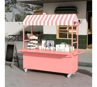 Portable Food Cart with Striped Canopy, Mobile Vendor Display Stand with Wheels, Metal Street Vending Cart with Folding Extension Tabletop, Widely Used(Pink,120cm/47.2in)