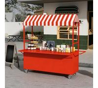Portable Food Cart with Striped Canopy, Mobile Vendor Display Stand with Wheels, Metal Street Vending Cart with Folding Extension Tabletop, Widely Used(Red,140cm/55.1in)
