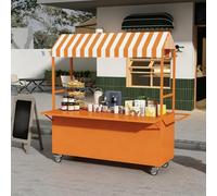 Portable Food Cart with Striped Canopy, Mobile Vendor Display Stand with Wheels, Metal Street Vending Cart with Folding Extension Tabletop, Widely Used(Orange,140cm/55.1in)