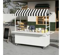 Portable Food Cart with Striped Canopy, Mobile Vendor Display Stand with Wheels, Metal Street Vending Cart with Folding Extension Tabletop, Widely Used(White,120cm/47.2in)