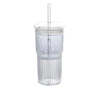 Portable Glass Tumbler, Iced Coffee Glass, 7.9 Inch Wide Mouth Drink Jar with Straw Lid, Beverage Cup for Cold Drinks Tea Juice Milk, Jar Style Drinking for Home Offices, Reusable Kitchen Drinkware