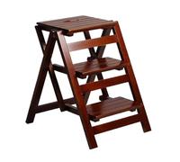Portable High Chair Seat, 3-Step Solid Wood Ladder, Sturdy Folding Stool with Wide Non-Slip Steps, 330 Lbs Capacity(Red Brown)