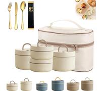 Portable Insulated Lunch Container Set, 2/3/4 Tier Separate Stackable Insulated Lunch Box, 304 Stainless Steel Bento Box with Thermal Bag, Heated Lunch Box for Work Picnics Camping (Beige, 4-Tier)