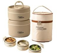 Portable Insulated Lunch Container Set, 2/3/4 Tier Stackable Stainless Steel Lunch Container with Insulated Bag and Tableware, Lunchs Containers to Microwave For Work Picnics (Brown,Two floors)