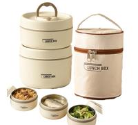 Portable Insulated Lunch Container Set, 2/3/4 Tier Stackable Stainless Steel Lunch Container with Insulated Bag and Tableware, Lunchs Containers to Microwave For Work Picnics (Beige,Two floors)