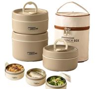 Portable Insulated Lunch Container Set, 2/3/4 Tier Stackable Stainless Steel Lunch Container with Insulated Bag and Tableware, Lunchs Containers to Microwave For Work Picnics (Brown,Three floors)