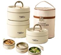 Portable Insulated Lunch Container Set, 2/3/4 Tier Stackable Stainless Steel Lunch Container with Insulated Bag and Tableware, Lunchs Containers to Microwave For Work Picnics (Beige,Three floors)