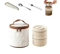 Portable Insulated Lunch Container Set,Stackable Stainless Steel Bento Box with Thermal Lunch Bag,Spoon & Fork,Microwave Safe Leakproof Thermal Food Container for Picnic,Work (Khaki - 2 layers)