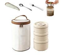 Portable Insulated Lunch Container Set,Stackable Stainless Steel Bento Box with Thermal Lunch Bag,Spoon & Fork,Microwave Safe Leakproof Thermal Food Container for Picnic,Work (Khaki - 3 layers)