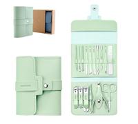 Portable Nail Clipper Set (12/16pcs), Folding Leather Nail Clipper Set, Easy Storage Manicure Kit with Clippers, Cuticle Trimmer & Care Tools, for Home Travel (Light Green 16pcs)