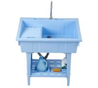 Portable Outdoor Hand Wash Station - Free Standing Plastic Kitchen Sink with Hot & Cold Water Faucet Washboard Utility Tub for Camping Backyard Garage (Blue)