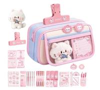 Portable Stationery Set, Cute Cat Zipper, Pencil Case with, Sticky Notes | Versatile School Stuff, Classroom Rewards Compact, for Students Classroom, Home Desk Office, Travel Easy to Use