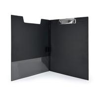 Portabloques A4 con solapa y pinza - Soporte rígido recubierto de PVC negro - Portadocumentos profesional con bolsa interior y gancho para colgar - Ideal para reuniones, astilleros, oficinas