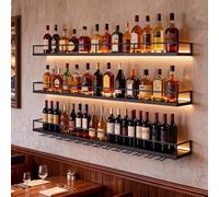 Portabotellas de Pared con Luces LED y Portavasos - Exhibidor de 3 Estantes para Vino,Estructura Metálica Resistente | Organizador Colgante Ideal para Home Bar,Cafeterías, Restaurantes (negro, 140cm)