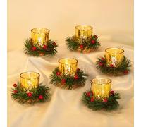 Portacandelitas de Navidad portavelas de Navidad decoración de mesa: Hewory 6 piezas decoración de mesa de Navidad vasos portacandelitas con corona de Adviento artificial bayas rojas anillo de la vela