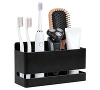 Portacepillos de Dientes Baño Pared Aluminio, Soporte para Cepillo de Dientes Eléctrico Sin Taladrar, 3 Compartimentos Organizador Pared para Pasta Dientes Maquinillas Afeitar y Peines, Negro