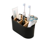 Portacepillos de dientes negro para baño con compartimentos de bambú, soporte para cepillo de dientes eléctrico con parte inferior antideslizante, organizador de cepillos de dientes de 6 ranuras,