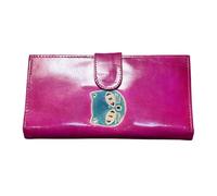 Portacheques y tarjetero de piel estilo indio étnico para tarjetas de crédito y dinero líquido con bolsillo para monedas, diseño de gato, fucsia, Taille 23 cm sur 11 cm, Étnico