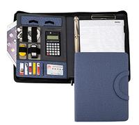 Portafolio de cuero con [cremallera] [asa] [carpeta de 4 anillos] y [portapapeles], organizador de conferencias de negocios para mujeres/hombres (con calculadora, azul)