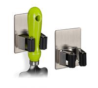 Relaxdays Set 2 Soportes Herramientas Pared, Autoadhesivos, para hasta 3 kg, para Taller y Jardín, Acero Inox., Plateado