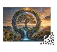 Portal Árbol Fantasía Rompecabezas Difícil 1000 Piezas Noche Juego Familiar Portal Árbol Cascada Montaña Atardecer Premium Grueso Resistente Vibrante Alivio Estrés 70x50cm/1000pcs