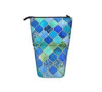 Portalápices de pie, azul cobalto, azulejo marroquí, decorativo, dorado, estuche telescópico de gran capacidad, P, color, 5.0cm*10.5cm*20.5cm, Estuche para lápices