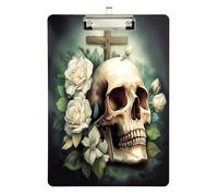 Portapapeles acrílico con calavera y rosa blanca para enfermeras y oficina, tablero de clip de plástico con clip de perfil bajo, gancho para colgar, tablero de escritura de PVC transparente, color